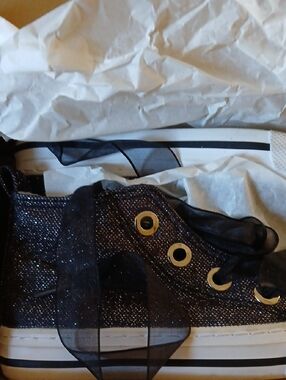 Sparkling Black Low-Top Sneaker with Sheer Ribbon Laces